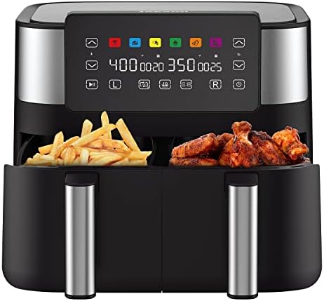 JOYAMI Friteuse à air double 8 litres avec 2 paniers, fonction de finition synchronisée double zone, antiadhésive et passe au lave-vaisselle, friteuse à air 6 en 1 pour frire à l'air, cuire, déshydrater, rôtir, griller et plus encore, 1800 W, noir
 Avis, Fiche Technique et Prix au Maroc