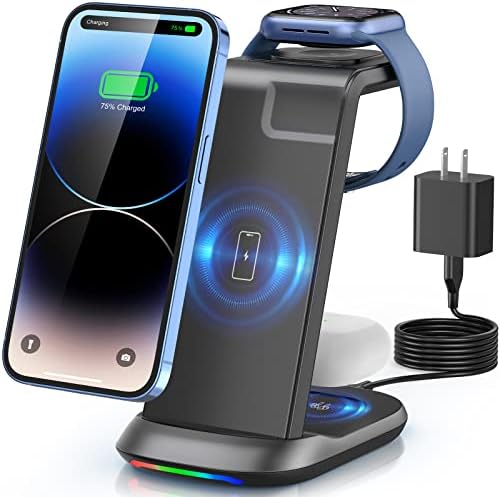 Station de charge sans fil, support de charge rapide 3 en 1 compatible avec iPhone 15/14/13/12/11 Pro Max/X/Xs Max/8/8 Plus, iWatch Series ultra/9/8/7/6/5/SE /4/3/2, AirPods 3/2/pro/pro 2
 Fiche Technique et Prix au Maroc