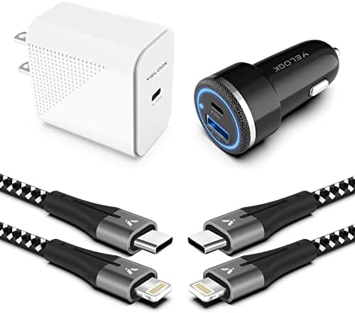 Kit de chargeur rapide VELOGK pour iPhone 13 14 12, adaptateur de chargeur mural/voiture USB C PD 20 W pour iPhone 14/13/12/Pro/Max/Mini/11/Xs Max/XR/X, iPad Pro/Air, avec 2X Apple Certifié MFi : câbles Lightning pour iPhone (1 m).
 Fiche Technique et Prix au Maroc