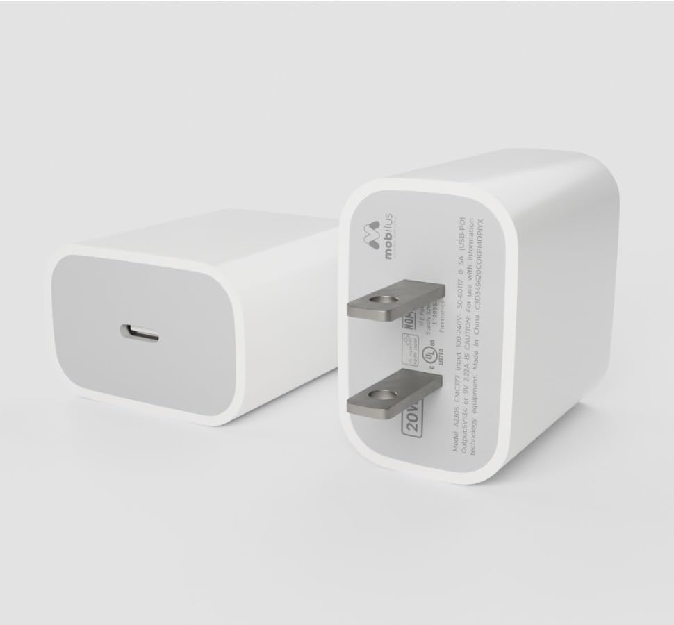 Mobilus, Lot de 2 chargeurs muraux USB C 20 W, adaptateur de charge rapide pour iPhone 14/14 Pro Max/13/13 Mini/13 Pro Max/12, boîtier de bloc de chargeur rapide PD 20 W, Samsung S23 S22
 Fiche Technique et Prix au Maroc