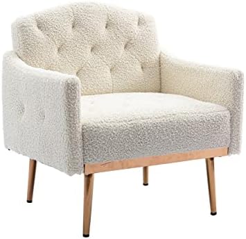Olela Chaise d'appoint moderne avec accoudoirs, canapé simple décoratif capitonné en tissu avec pieds en métal doré, chaise de lecture rembourrée pour salon, chambre à coucher, bureau (blanc – tissu)
 Fiche Technique et Prix au Maroc
