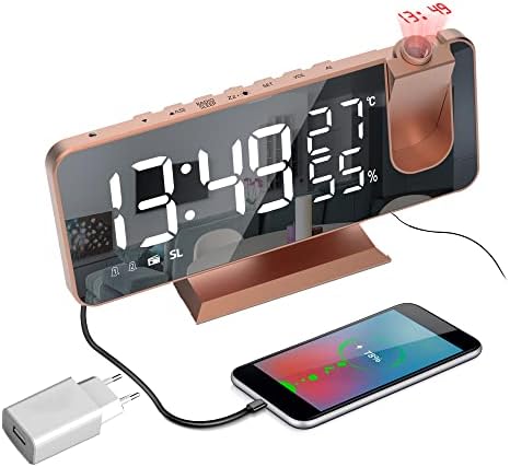 Radio Reveil Projection Plafond, 180° Projecteur Réveil Radio, avec Adaptateur, Horloge Numérique avec 7" LED Écran Miroir Chargement USB Fonction Snooze Double Alarme Horloge Digitale 12/24H,Or Rose
 Avis, Fiche Technique et Prix au Maroc