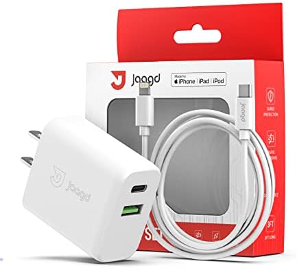 Jaagd Chargeur pour iPhone et iPad certifié Apple MFi 20 W, USB C et USB double chargeur mural avec câble Lightning de type C compatible avec iPhone 14/13/13 Pro/13 Pro max/iPhone 12/12 Pro max/X et plus
 Fiche Technique et Prix au Maroc