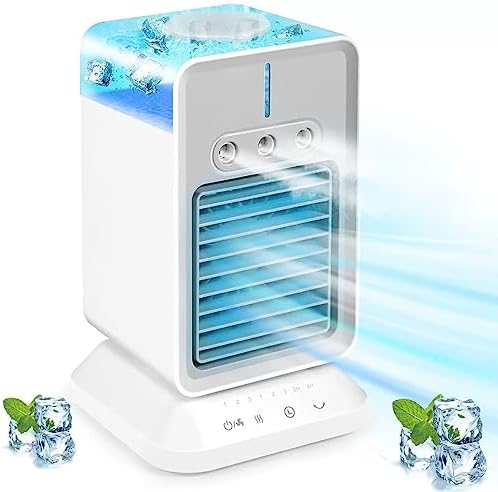 Climatiseur portable, refroidisseur d'air par évaporation 4 en 1, mini refroidisseur d'air personnel avec 3 vitesses de vent et 3 brume fraîche et minuterie de 2 à 4 heures, ventilateur de refroidissement de bureau à rotation de 90 ° pour la maison, la chambre, le camping, le bureau de voiture
 Avis, Fiche Technique et Prix au Maroc