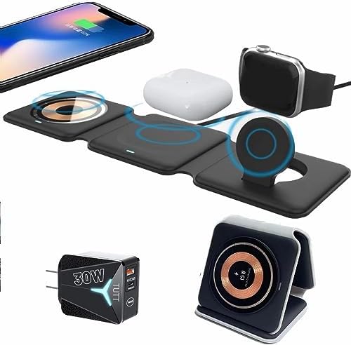 Station de chargeur pliable magnétique sans fil 3 en 1 compatible avec iPhone 14/13/12/11 AirPods 3/2/Pro2/iWatch/8/7/6/5/4/3/2/SE, Galaxy S22/S21/S20/ S10 /S9 /S8 /Plus/S7 etc. Adaptateur 30 W inclus
 Fiche Technique et Prix au Maroc