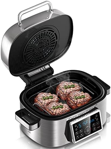 CATTLEMAN CUISINE Grill électrique d'intérieur 10 en 1 avec grille à air, friteuse à air, rôtissage, cuisson, déshydratation, bœuf et frites, 6,5 QT, argent
 Avis, Fiche Technique et Prix au Maroc