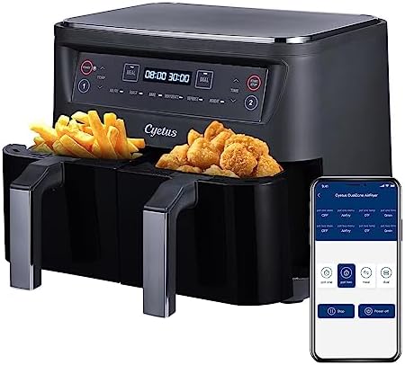 CYETUS Smart Double Air Fryer 2 Baskets 8 Quart XL, Dual Zone Independent Cooking, Clear Cook Window, App with Recipe, Remote Control, Dishwasher Safe Basket, Grey Avis, Fiche Technique et Prix au Maroc