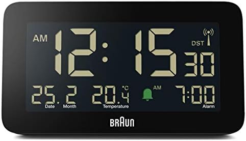 Braun Réveil Radio-piloté pour Les fuseaux horaires d'europe Centrale (DCF) avec Affichage de la Date, du Mois et de la température, Alarme Crescendo, modèle BC10B-DCF Noir.
 Avis, Fiche Technique et Prix au Maroc