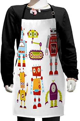 Tablier de fête scientifique Ambesonne, motif inspiré de différents styles d'image de robots colorés, petit tablier avec attaches réglables pour la peinture de pâtisserie, petite taille, blanc et multicolore
 Avis, Fiche Technique et Prix au Maroc