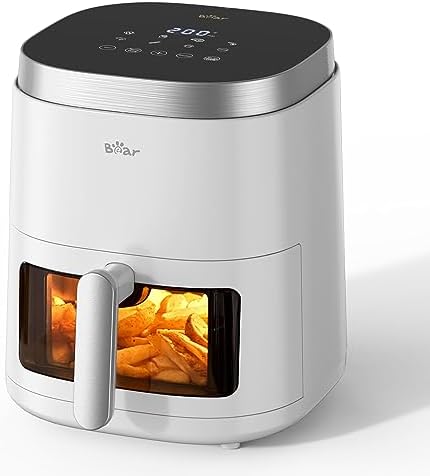 Bear Air Fryer, 5.3Qt for Quick and Oil-Free Healthy Meals, Easy View and Smart 8 in 1 Digital Touchscreen, Shake Reminder, Dishwasher-Safe & Non-stick Basket, Disposable Paper Liner and Recipes included,White Avis, Fiche Technique et Prix au Maroc