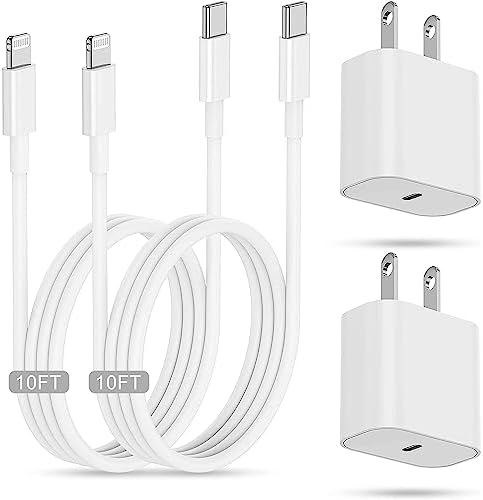 Bloc de chargement rapide pour iPhone avec câble de 10 pieds, [Apple MFi Certified] Paquet de 2 prises de chargeur mural et cordon USB C vers Lightning long, adaptateur d'alimentation de Type C, boîte de brique Cube pour iPhone 14 Pro Max/13 Pro/12 Mini/11
 Fiche Technique et Prix au Maroc
