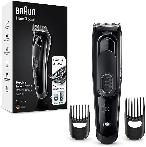 Braun HairClipper Tondeuse Électrique Homme Cheveux Et Barbe, Lames Affûtées Et Inusables Noir, Conçues Pour Durer 2 Fois Plus Longtemps, 17 Réglages De Longueur, HC5050
 Avis, Fiche Technique et Prix au Maroc