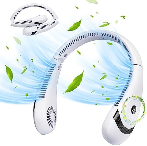 MENOLY Ventilateur de cou, ventilateur de cou portable pliable sans pales, batterie rechargeable de 5 000 mAh, affichage numérique intelligent, vent surround à 360 °, 80 sorties d'air, ventilateur réglable à 3 vitesses, ventilateur alimenté par USB
 Avis, Fiche Technique et Prix au Maroc