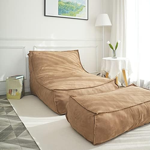 N&V Canapé de sol géant avec rembourrage en mousse, très grand pouf en mousse haute densité, housse en imitation chamois, lin indépendant (marron, avec ottoman)
 Fiche Technique et Prix au Maroc