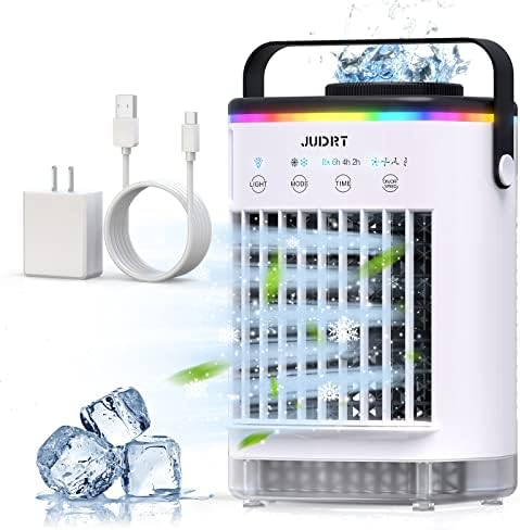 JUDRT Climatiseurs portables, mini refroidisseur d'air par évaporation, ventilateur de bureau personnel amélioré 4 en 1 avec lumière 7 couleurs, puissant 4 vitesses et pulvérisations d'air frais humidifient le courant alternatif pour chambre, bureau, table, maison, école
 Avis, Fiche Technique et Prix au Maroc