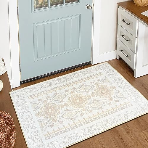 Tapis lavable 60 x 90 cm - Tapis bohème pour porte d'entrée, cuisine, sol, entrée, antidérapant, ne perd pas ses poils, envers en caoutchouc, tapis persan vintage résistant aux taches, tapis d'intérieur à poils courts
 Fiche Technique et Prix au Maroc