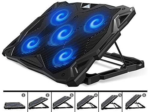 PCCOOLER Tapis de refroidissement pour ordinateur portable, support pour ordinateur portable avec 6 angles réglables et 5 ventilateurs LED bleus silencieux pour ordinateur portable de jeu de 12 à 17,3 pouces, refroidisseur pour ordinateur portable intégré, deux ports USB, prise en charge de la souris, du clavier
 Fiche Technique et Prix au Maroc