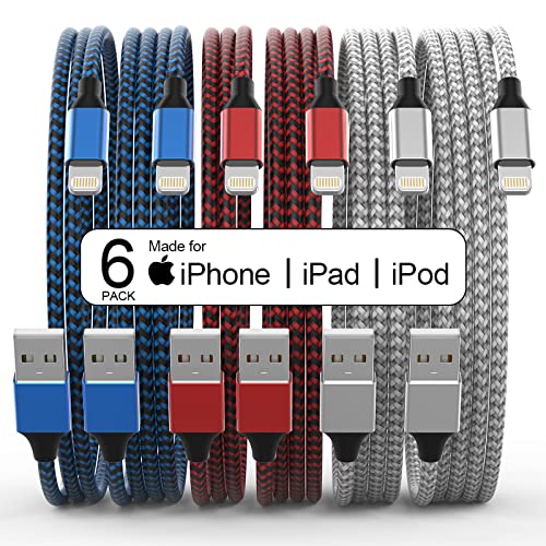 [Apple MFi Certified] Lot de 6 câbles de chargement Lightning tressés en Nylon pour iPhone, 3/3/6/6/6/10 pieds, charge rapide, Compatible avec iPhone 14 Pro 13 mini 12 11 Pro XS
 Fiche Technique et Prix au Maroc