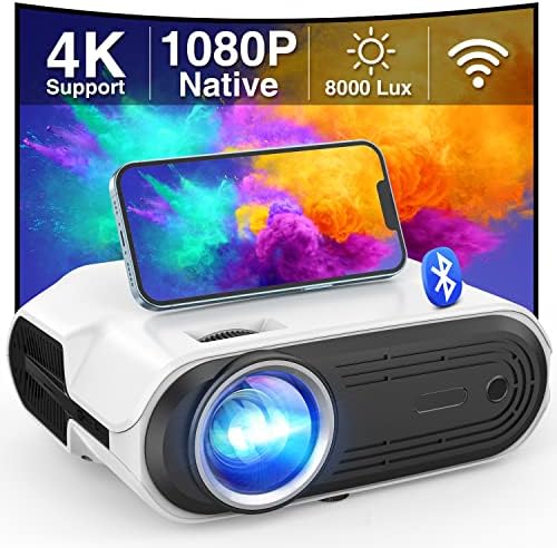 Native 1080P WiFi Bluetooth Projector with 200'' Display, 8000Lux Full HD 4K Support Movie Video Projector Compatible w/iOS Android Smartphone Tablet, HDMI/VGA/USB/TV Stick, Auto Sleep Timer Fiche Technique et Prix au Maroc