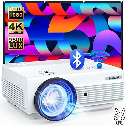 Native 1080P WiFi Bluetooth Projector, VISOUD 9500L with 120'' Screen Portable Outdoor Movie Projector, Zoom & 300'', Home Theater Video Projector Compatible w/ HDMI, VGA, TF, USB, AV, TV Stick, PS4 Fiche Technique et Prix au Maroc