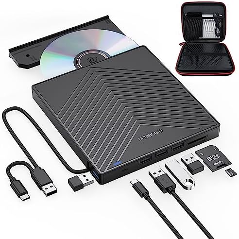 ORIGBELIE Lecteur CD DVD externe, graveur de CD ultra fin USB 3.0 avec 4 ports USB et 2 emplacements pour carte TF/SD, lecteur de disque optique pour ordinateur portable Mac PC Windows 11/10/8/7 Linux OS avec étui de transport
 Fiche Technique et Prix au Maroc