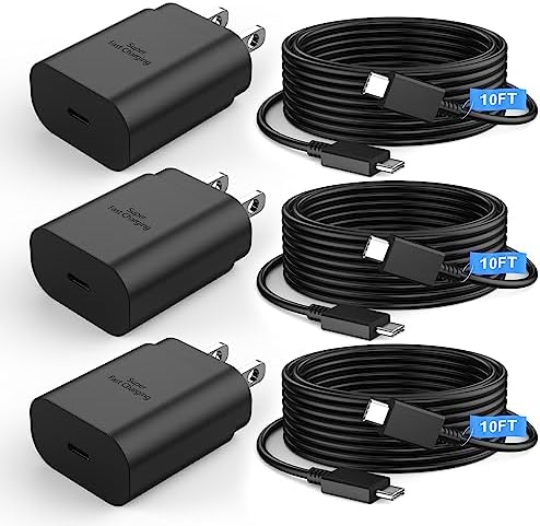 Chargeur USB C, chargeur ultra rapide de type C, lot de 3 chargeurs de type C 25 W, bloc de charge rapide avec câble de type C vers C de 3 m de long pour Galaxy S23 Ultra/S23/S23+/S22/S22 Ultra/S22+/S21/S20/Note 10/ 20, Pliage/Retournement en Z
 Fiche Technique et Prix au Maroc