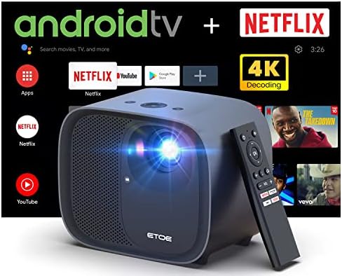 ETOE 1080P Smart Projector, Video Projector with 4K Android TV 10.0, Auto Focus, Auto Keystone, Dual 10W Speakers, Netflix-Certified, Chromecast, WiFi Bluetooth, Full HD Projector with Carrying Case Fiche Technique et Prix au Maroc