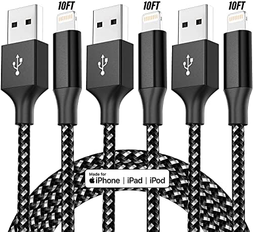Chargeur iPhone [Apple MFi Certified] Lot de 3 câbles Lightning de 3 m en nylon tressé compatible avec iPhone 14 13 12 11 X Xs 8 7 6 6s Pro Pro Max Plus Mini et plus – (Noir)
 Fiche Technique et Prix au Maroc