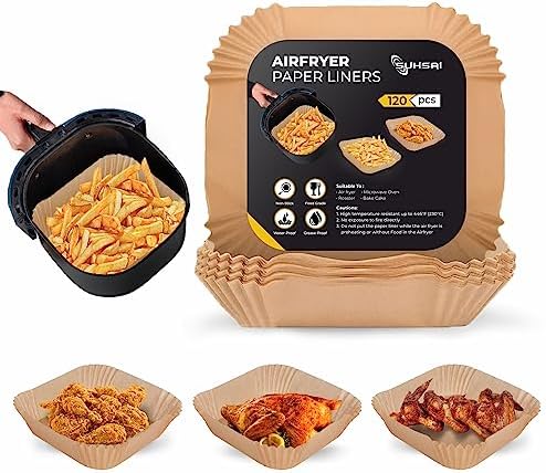 Suhsai Lot de 120 doublures carrées en papier parchemin réutilisables pour friteuse à air, four à micro-ondes, plaque à pâtisserie de 6,3 pouces, résistantes à l'huile, à la graisse, papier de cuisson jetable, doublures en papier pour friteuse à air
 Avis, Fiche Technique et Prix au Maroc