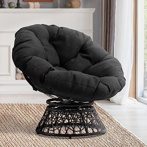 Bme Ergonomic Wicker Papasan Chair with Soft Thick Density Fabric Cushion, High Capacity Steel Frame, 360 Degree Swivel for Living, Bedroom, Reading Room, Lounge, Onyx Stone - Black Base Fiche Technique et Prix au Maroc