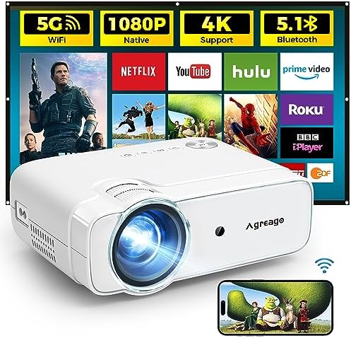 Projector with WiFi and Bluetooth, 5G WiFi Native 1080P 10000L 4K Supported Movie Projector for Home Theater, Agreago Outdoor Projector with Screen, Compatible with TV Stick/iOS/Android/Win/HDMI/USB Fiche Technique et Prix au Maroc