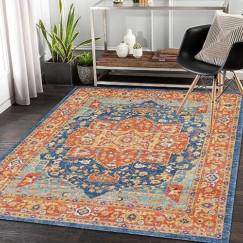 FINOREN Tapis d'intérieur fin bohème, 1,5 x 2,1 m, grand tapis pour salon, chambre à coucher, entrée, cuisine, salle à manger, antidérapant, ne perd pas ses poils, facile à nettoyer, décoration d'intérieur, bleu-orange
 Fiche Technique et Prix au Maroc