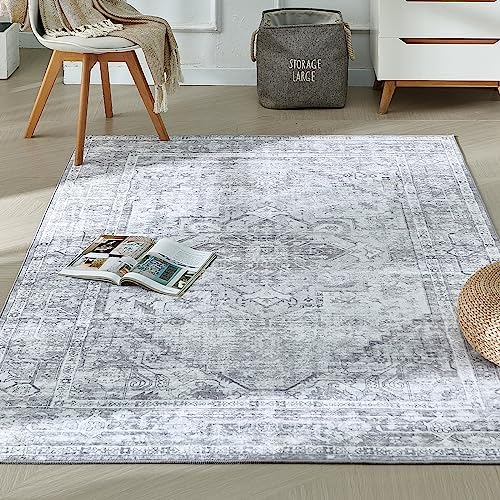 BRICHOEE Grand tapis vintage lavable 8 x 10 cm gris argenté à poils courts pour intérieur à imprimé floral antidérapant imprimé persan bohème pour salon
 Fiche Technique et Prix au Maroc