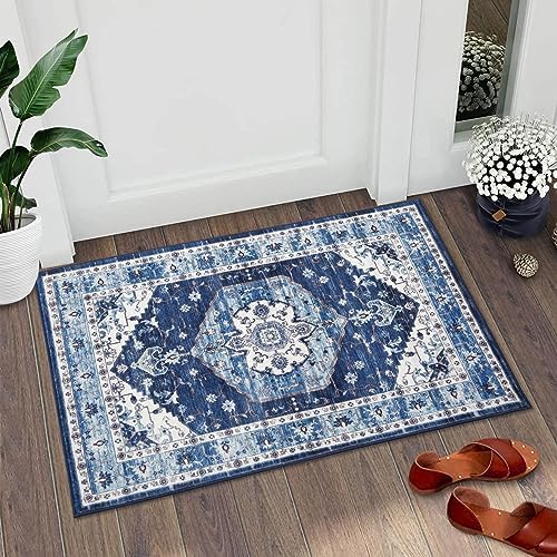 Fashionwu Tapis bleu 2 x 3 petits tapis vintage pour entrée, bureau, lavable en machine, pour terrasse, salle à manger, tapis esthétique oriental vieilli, envers antidérapant, couverture de sol à poils courts, bleu
 Fiche Technique et Prix au Maroc