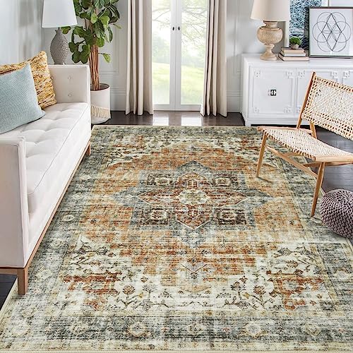 ROYHOME Washable Rug 5x7 Vintage Persian Area Rug Indoor Floor Cover Print Distressed Carpet Non Slip Low Pile Rugs Machine Washable Boho Rug for Bedroom Living Room, 5’x7’, Brown Fiche Technique et Prix au Maroc