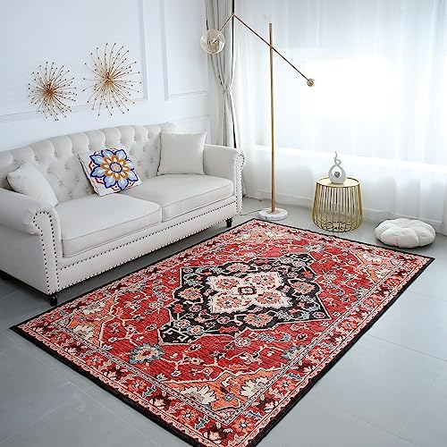 Tapis persan bohème pour salon, chambre à coucher, antidérapant, grand tapis lavable à poils courts pour salon, chambre à coucher, salle à manger, tapis de luxe (rouge vintage/multicolore, 60 x 90 cm)
 Fiche Technique et Prix au Maroc