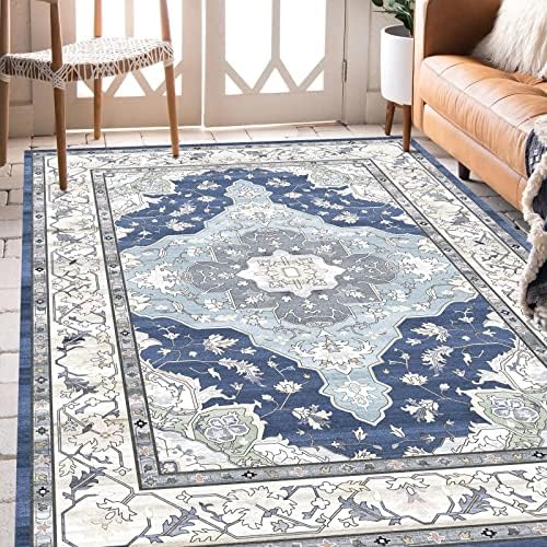 HOMFINE Tapis 5 x 7 – Tapis doux lavable à poils ras avec envers antidérapant, motif floral bleu, tapis vintage pour salon, chambre à coucher, salle à manger, bureau à domicile
 Fiche Technique et Prix au Maroc