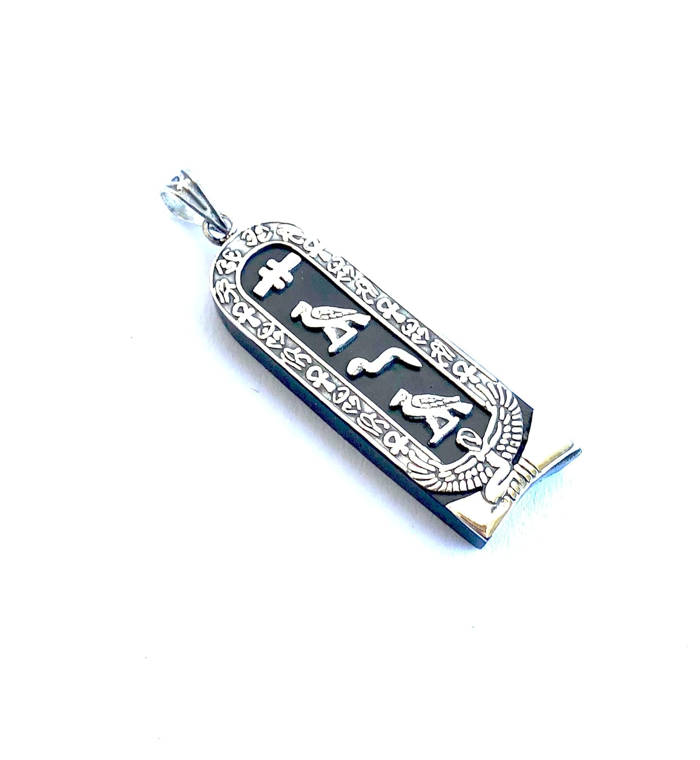 Egyptian Dark Ebony Winged Isis Sterling Silver Cartouche Charm Pendant In Hieroglyphics or Arabic Or English - Made By AYALZ - Up to (8 Characters)Avis,  Fiche Technique et Prix au Maroc