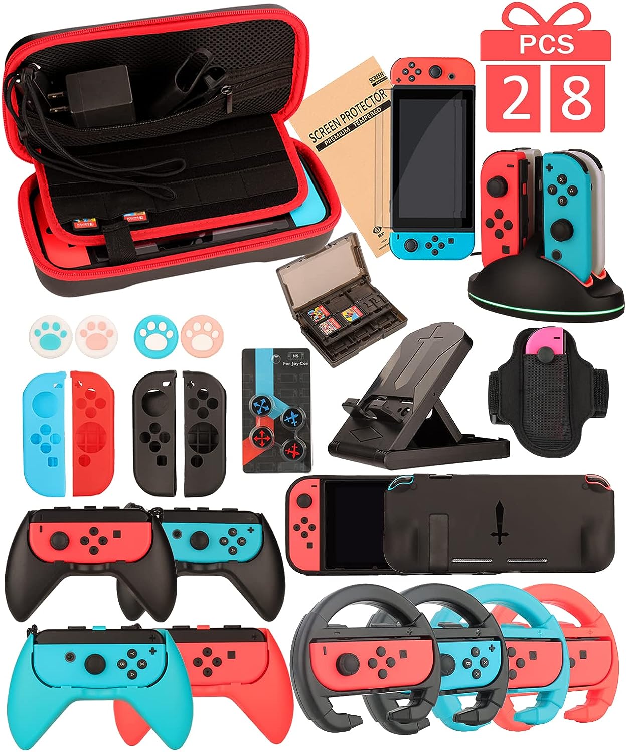 Accessoires Switch – Ensemble familial d'accessoires pour Nintendo Switch, étui de transport et protecteur d'écran, lot de 4 poignées et volants Joy Con, housse de boîtier, support, chargeur Joy Con et plus encore.
 Avis, Fiche Technique et Prix au Maroc