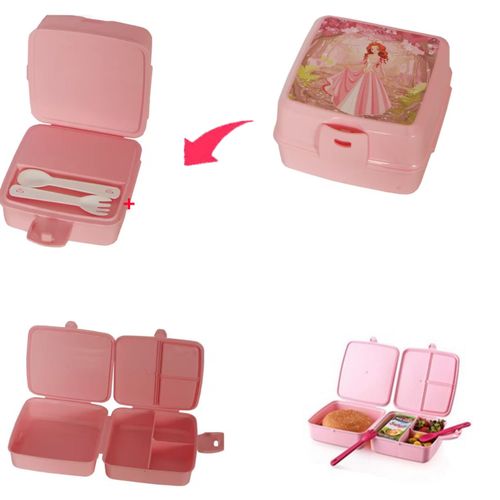 Boîte à lunch enfants fille avec 4 compartiments 2 couches fourchette cuillère
 Fiche Technique et Prix au Maroc