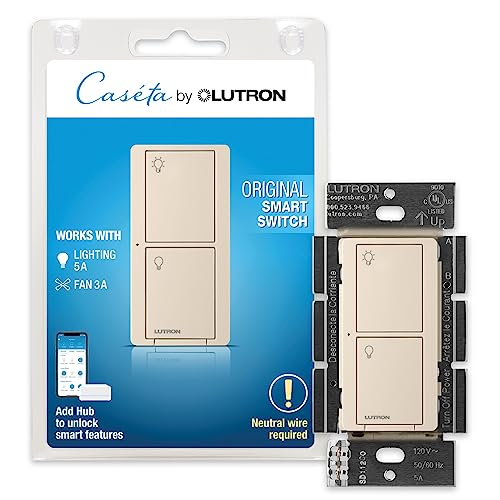 Lutron Caseta Interrupteur d'éclairage intelligent pour tous les types d'ampoules ou ventilateurs |  Fil neutre requis |  PD-6ANS-LA |  Amande légère
 Avis, Fiche Technique et Prix au Maroc