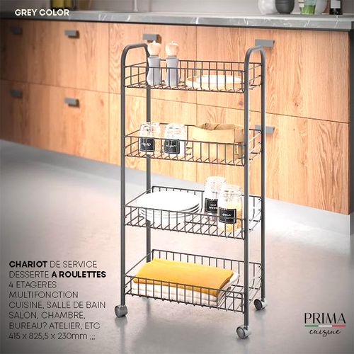 Prima Chariot de Service Trolley Desserte à Roulettes 4 Étagères Rangements Multifonctions GRIS
 Fiche Technique et Prix au Maroc