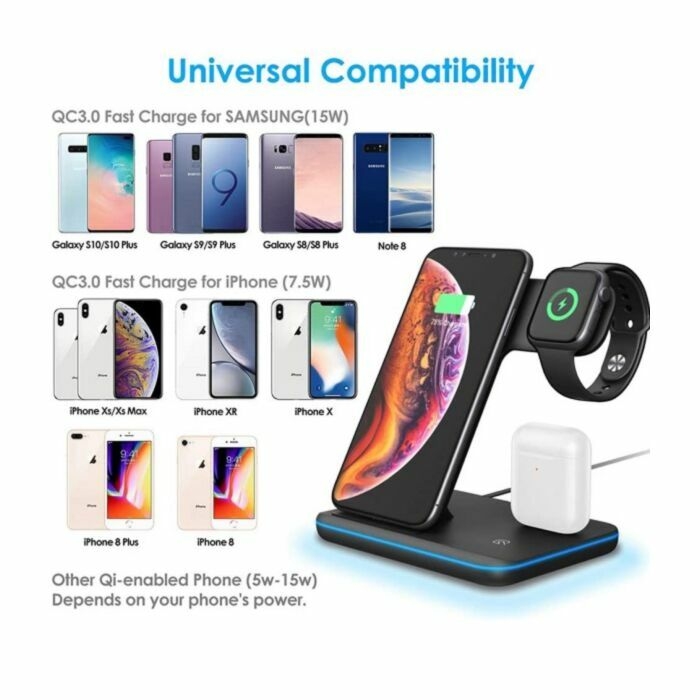 Chargeur sans fil 3 en 1 pour iPhone + Apple Watch + Airpods + Téléphone compatible QI