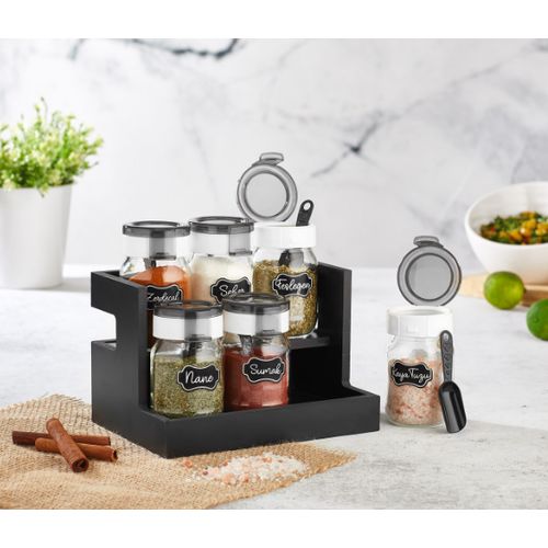 Ensemble de Bocaux à Epices en Verre avec Pelles à Epices et Support en Bois
 Fiche Technique et Prix au Maroc