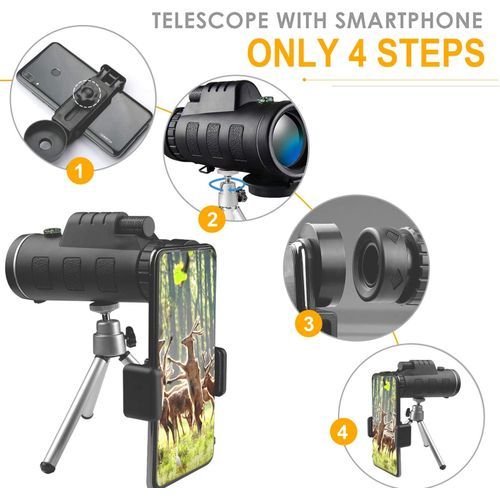 Télescope monoculaire Zoom 40x60 pour Smartphone, caméra HD + trépied
 Fiche Technique et Prix au Maroc