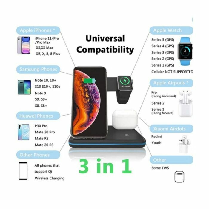 Chargeur sans fil 3 en 1 pour iPhone + Apple Watch + Airpods + Téléphone compatible QI