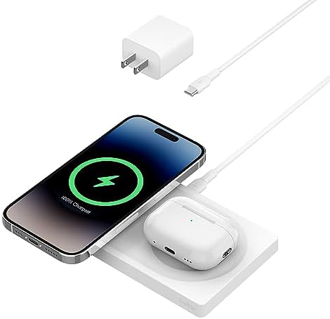 Belkin BoostCharge Pro 2-en-1 chargeur sans fil avec MagSafe 15 W, chargeur iPhone à charge rapide compatible avec les séries iPhone 14, 13 et 12, AirPods et autres appareils compatibles MagSafe – Blanc
 Fiche Technique et Prix au Maroc