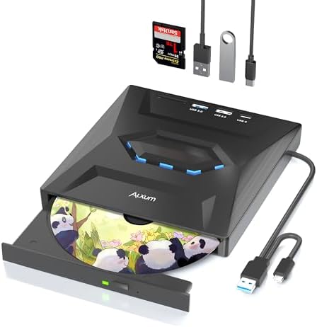 Alxum Lecteur CD DVD Externe pour PC,USB 3.0 Type C Lecteur DVD Externe avec Lecteur de Carte SD/TF et Ports USB,Graveur CD DVD RW Portable pour PC,de Bureau,MacBook,Windows,Linux,Mac OS,Vista
 Avis, Fiche Technique et Prix au Maroc