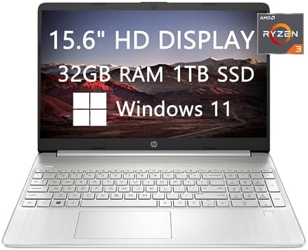 Ordinateur portable HP 15,6" HD, dernière mise à niveau 2023, AMD Ryzen 3 5300U, 32 Go de RAM, 1 To SSD, webcam, Wi-Fi, Bluetooth, USB-C, charge rapide, léger, Windows 11, prêt pour l'école et l'entreprise, câble HDMI LIONEYE
 Fiche Technique et Prix au Maroc