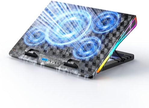 Tapis de refroidissement pour ordinateur portable, ventilateur de refroidissement pour ordinateur portable de jeu, support de refroidissement pour ordinateur portable de 15,6 à 17,3 pouces avec 4 hauteurs réglables, lumières RVB, 5 ventilateurs silencieux et 2 ports USB
 Fiche Technique et Prix au Maroc